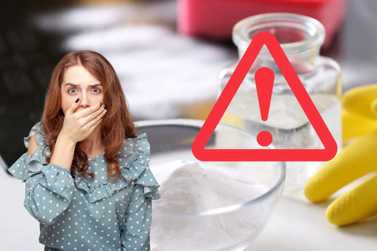 femme qui découvre qu'il ne faut pas mélanger du bicarbonate de soude et du vinaigre blanc