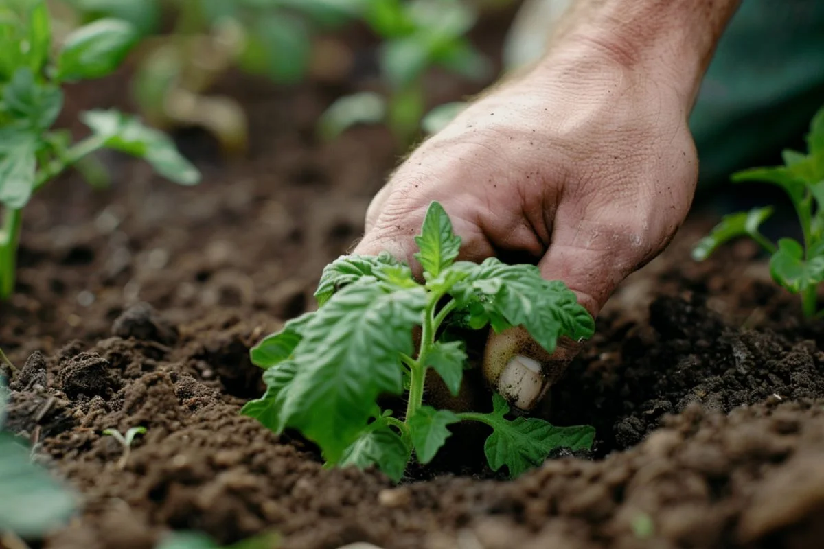 plantation d'un jeune plant au potager