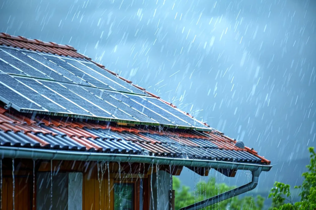 pluie qui tombe sur un toit équipé de panneaux solaires