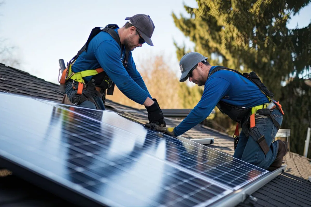 deux techniciens installent des panneaux solaires sur le toit d'une maison à Dijon 