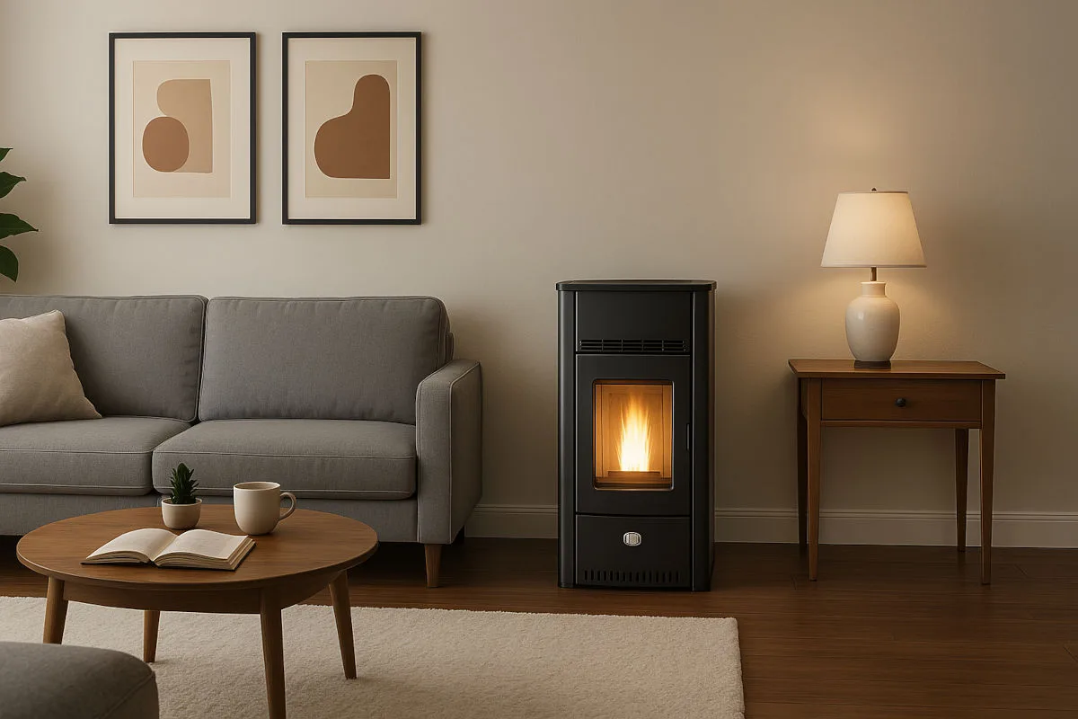 Poêle à granulés canalisable installé dans le salon d'une maison