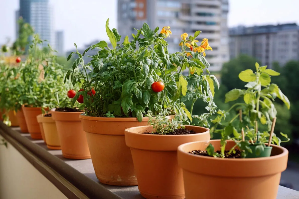 potager sur un balcon avec des pots en terre